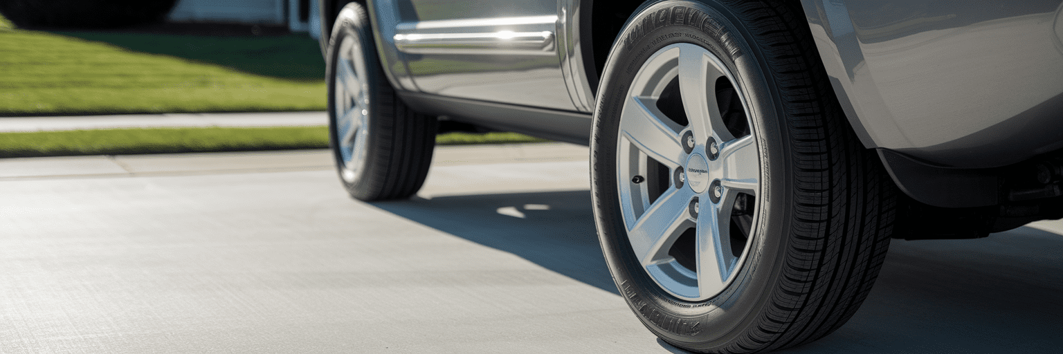 SUV tire sidewall on driveway