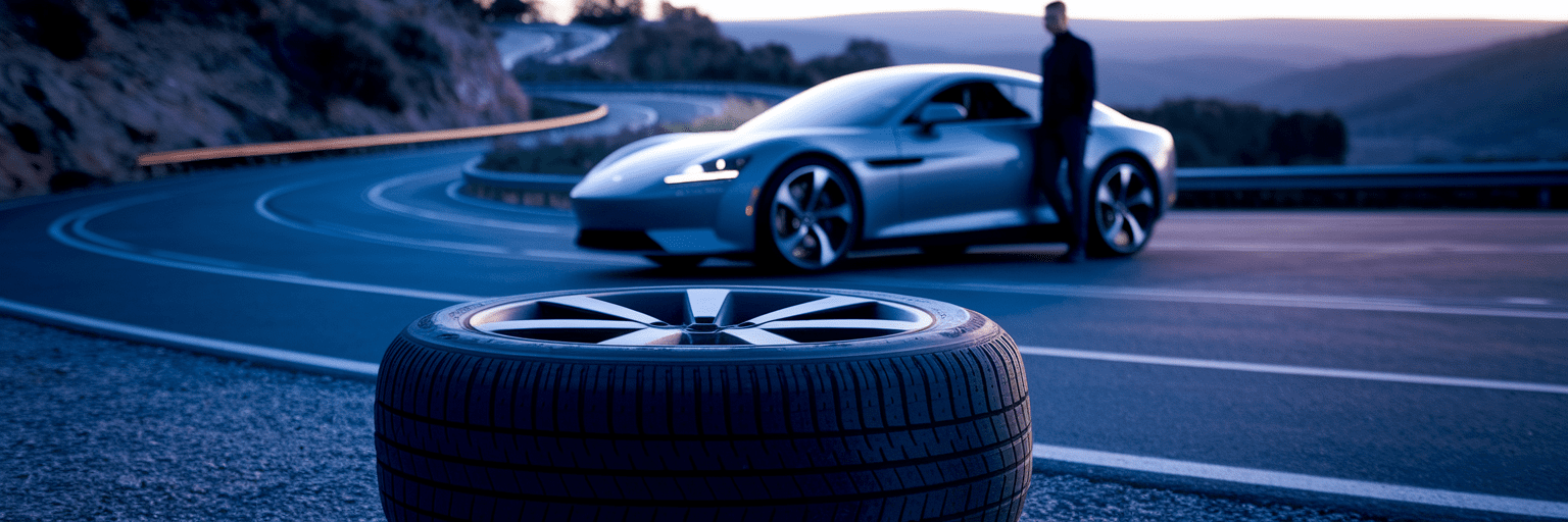 Car with a flat tire parked safely on a roadside.