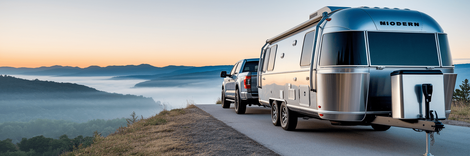 Modern truck towing trailer at sunrise