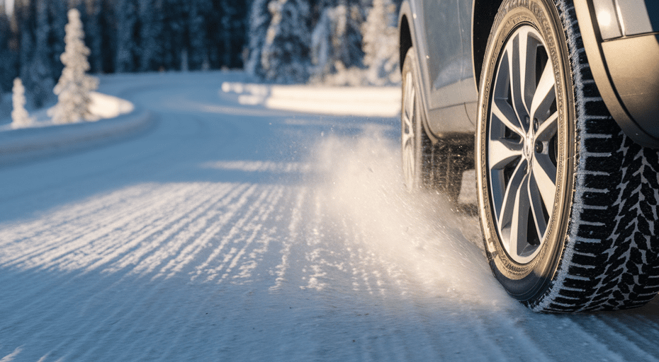 Car with winter tires driving on snowy road.