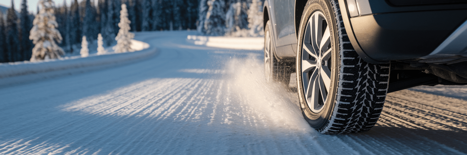 Car with winter tires driving on snowy road.