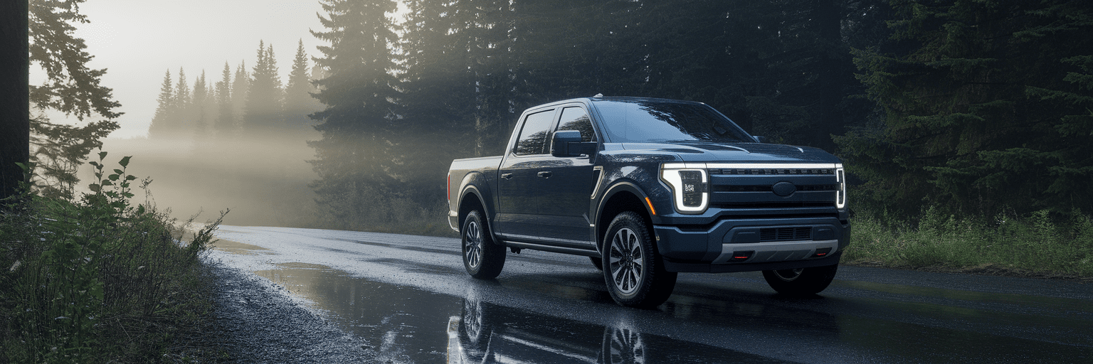 Modern 2025 truck on a forest gravel road.