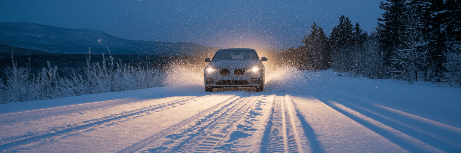 Car driving confidently on snowy mountain road.