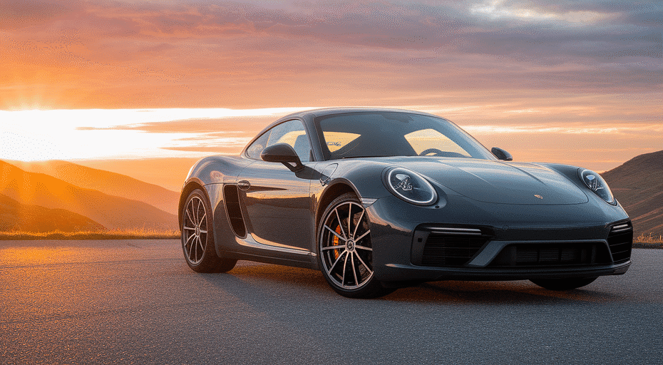 Sports car parked at a scenic sunset overlook.