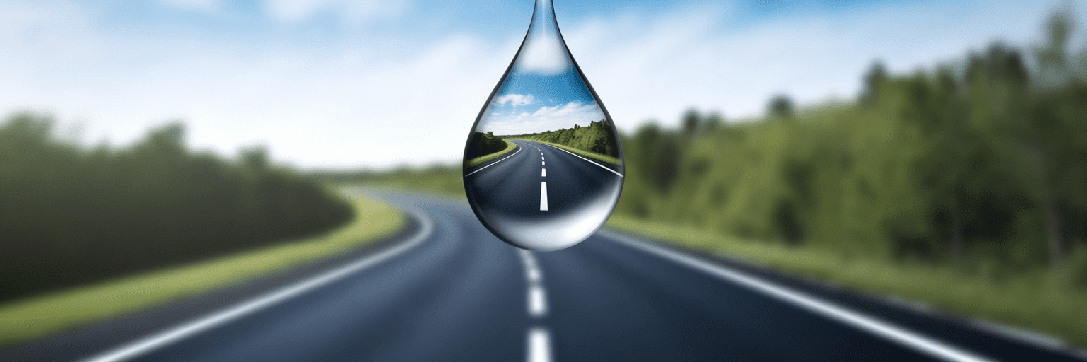 Drop of gasoline reflecting open road.
