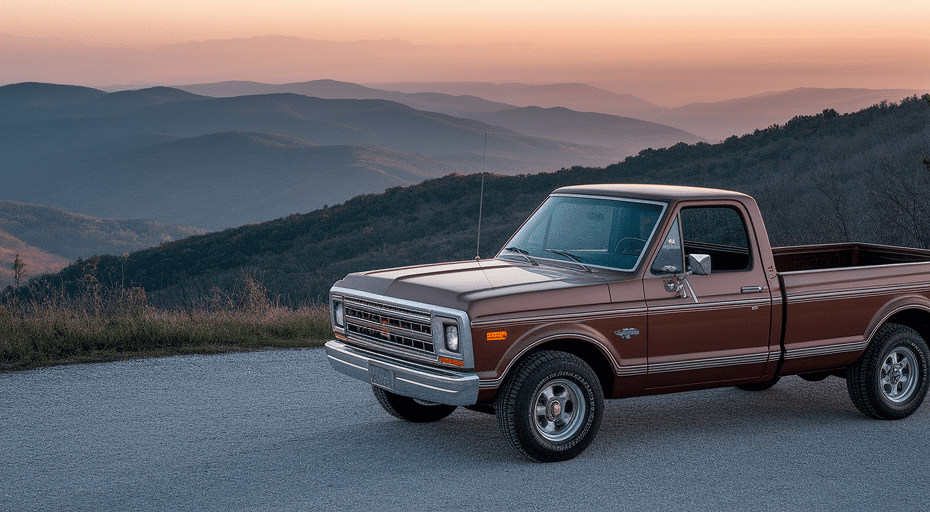 Well-maintained truck at scenic mountain overlook.