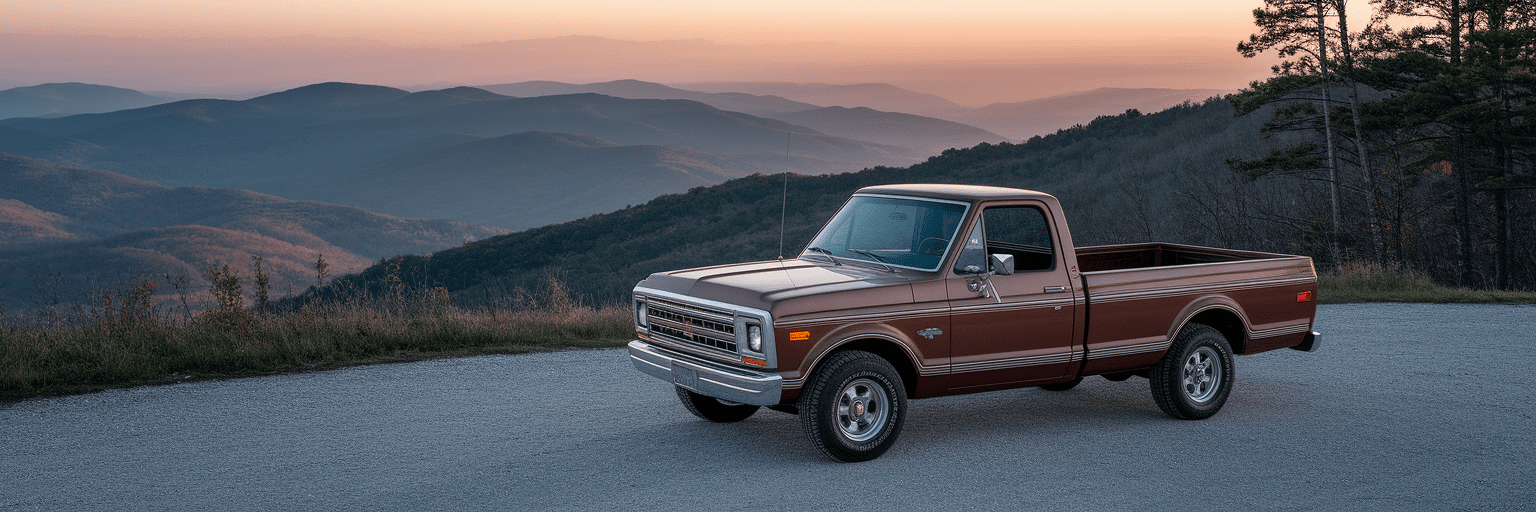 Well-maintained truck at scenic mountain overlook.