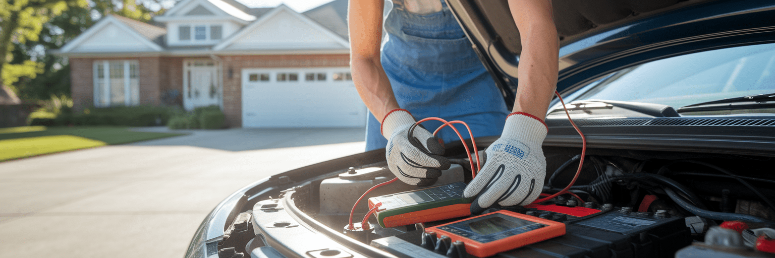 Person testing car battery with multimeter.