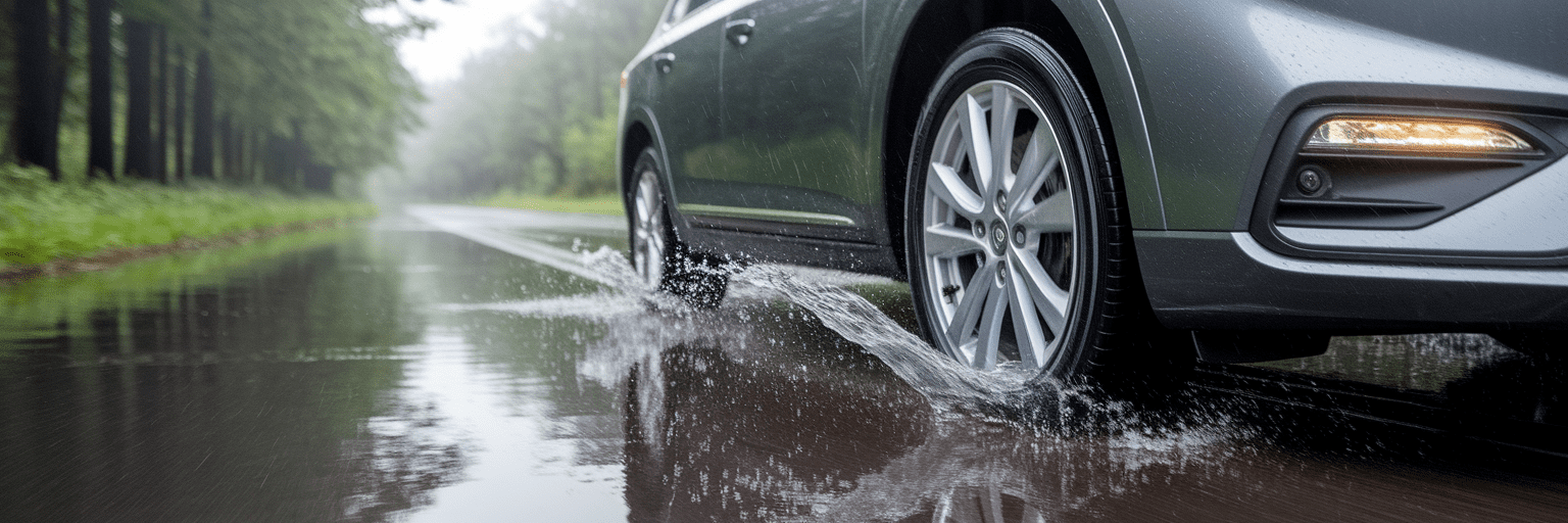 Car with all-season tires on wet road.