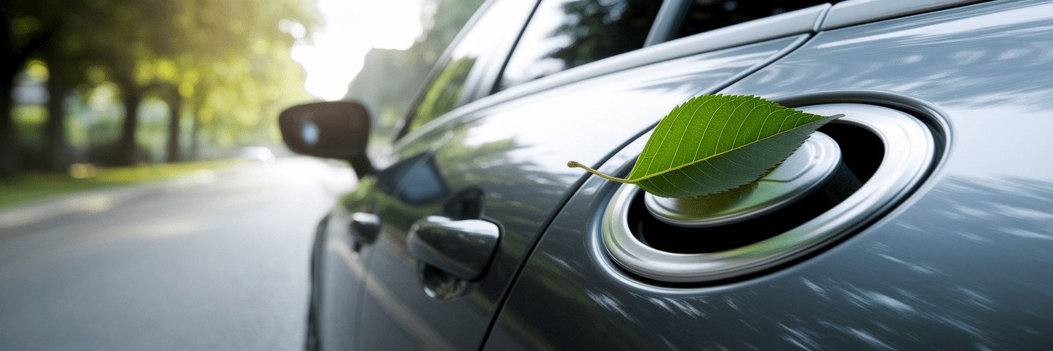 Green leaf on a car's fuel cap.