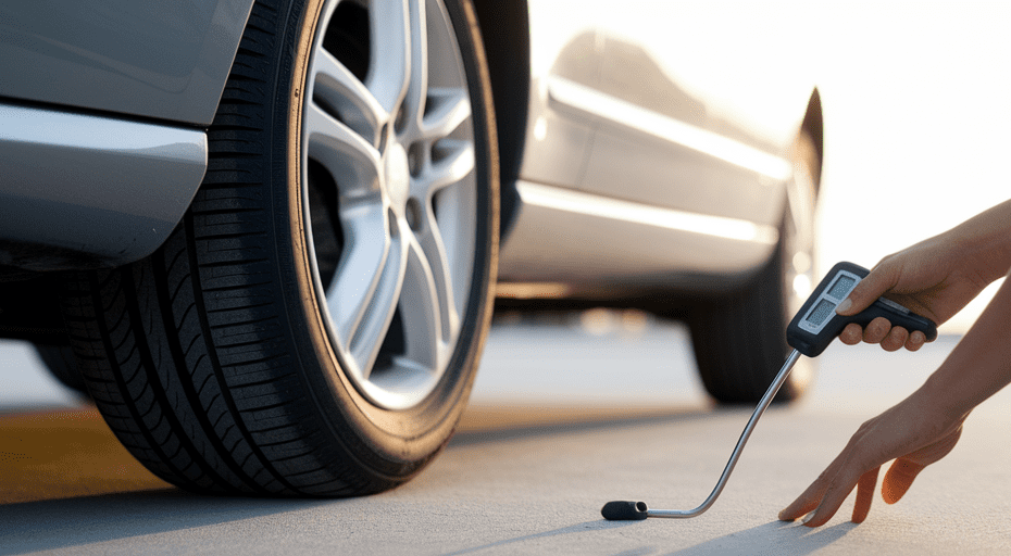 Person checking car tire pressure in the morning.