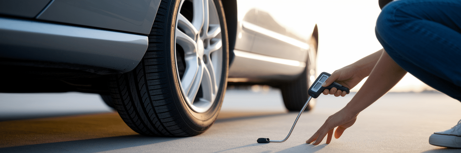 Person checking car tire pressure in the morning.