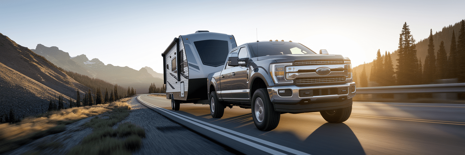 Modern pickup truck towing trailer on highway.