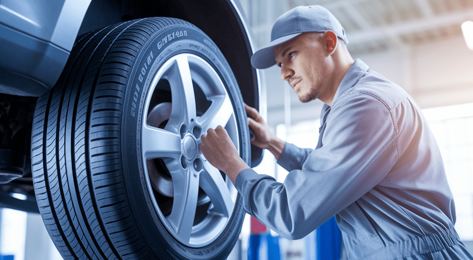 Mechanic performing tire rotation service