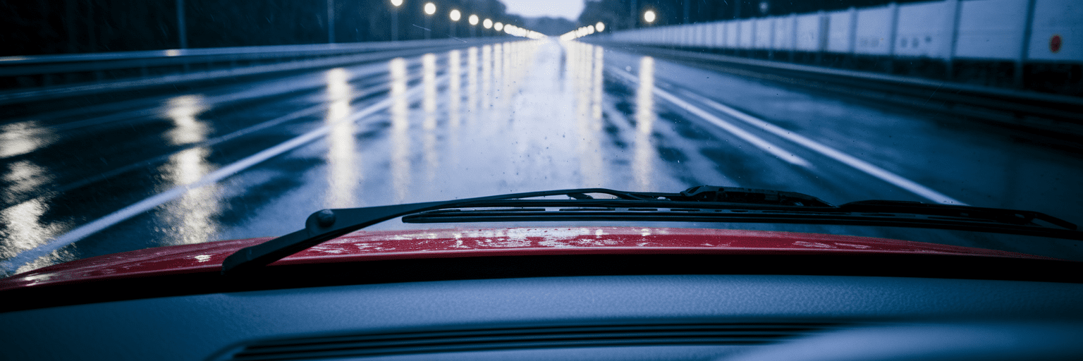 View of a wet road from inside a car.