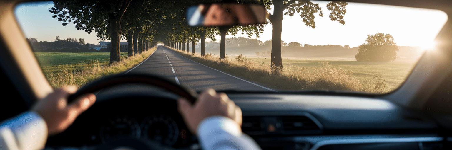 Driver's view of a winding country road.