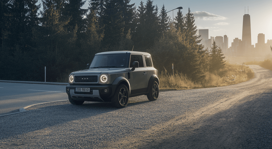 Compact SUV at sunrise where city meets trail.