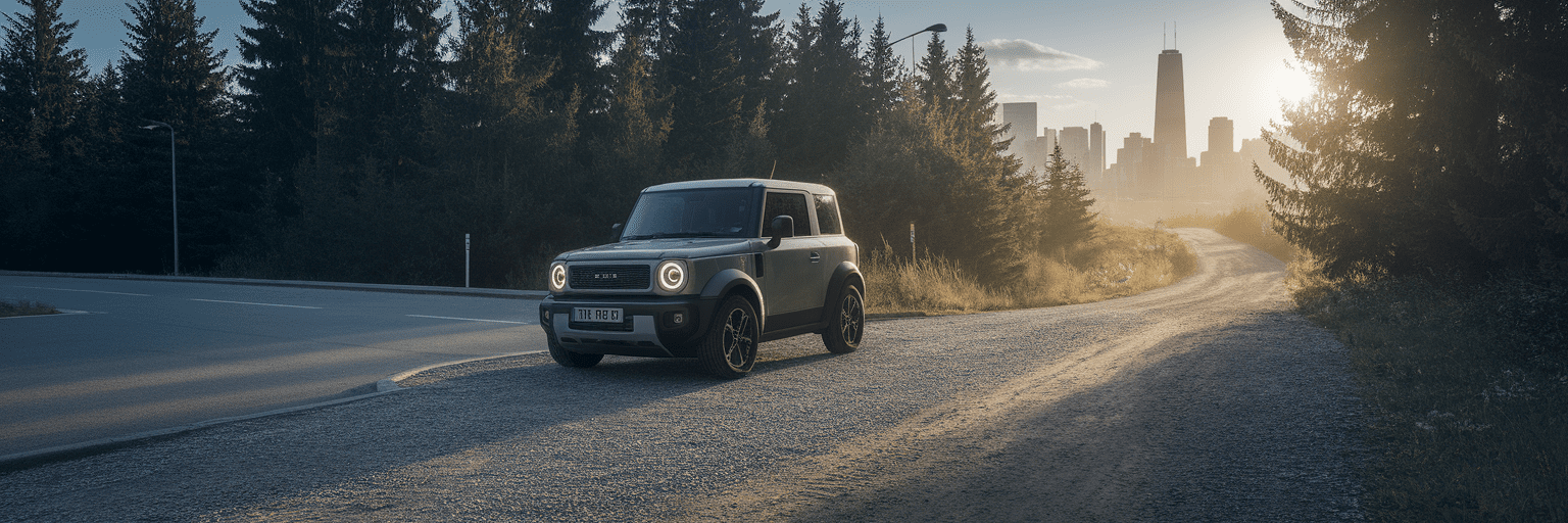 Compact SUV at sunrise where city meets trail.