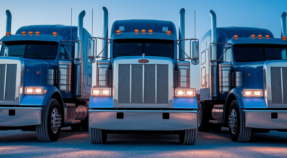 Three heavy-duty trucks parked side-by-side.