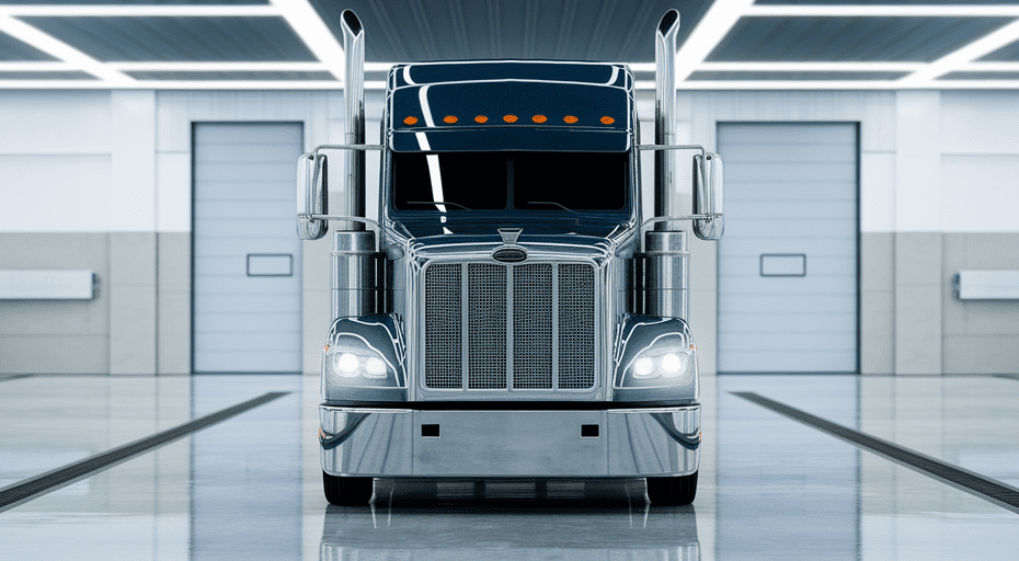 Modern semi-truck in a clean maintenance bay.