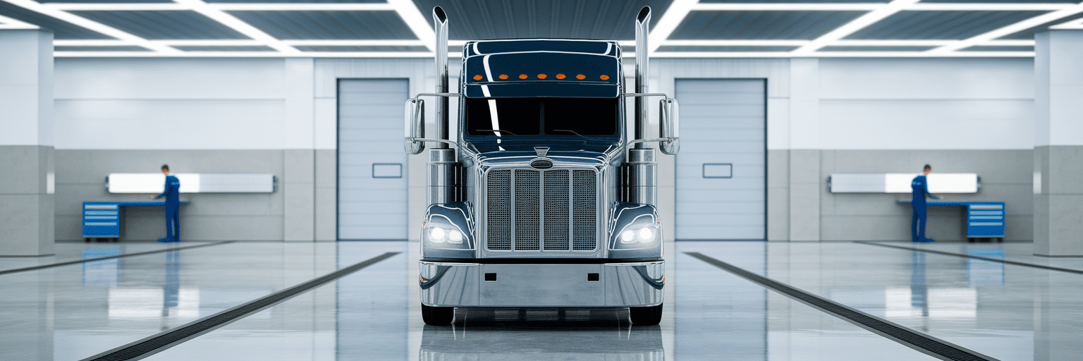 Modern semi-truck in a clean maintenance bay.