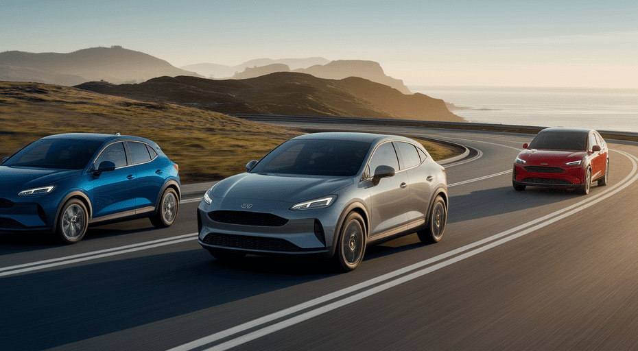 Three modern compact cars on a scenic road.