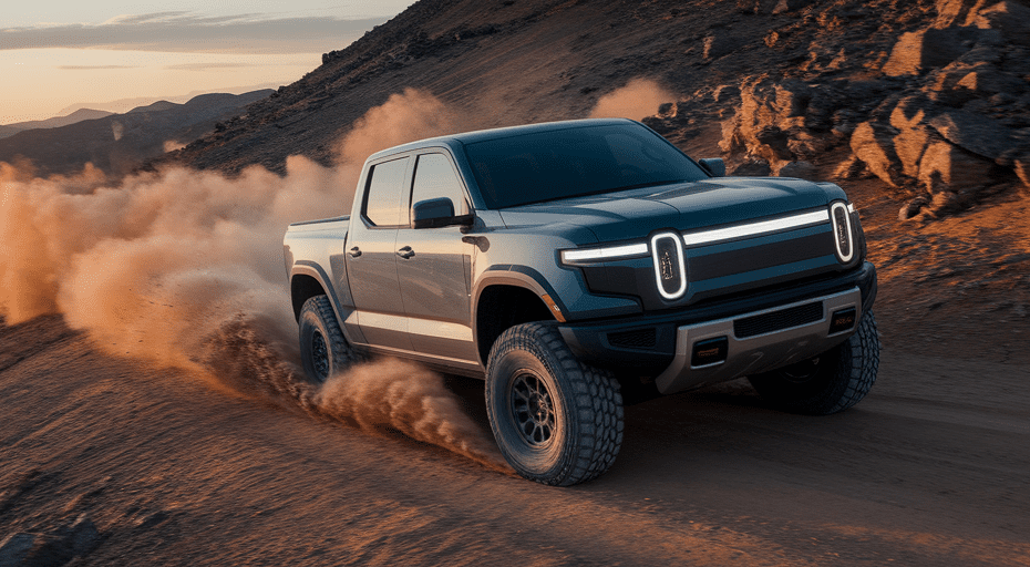 Off-road truck on mountain trail at sunset.