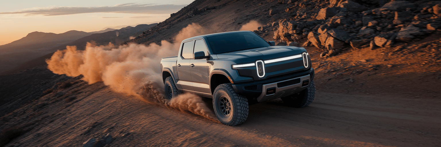 Off-road truck on mountain trail at sunset.