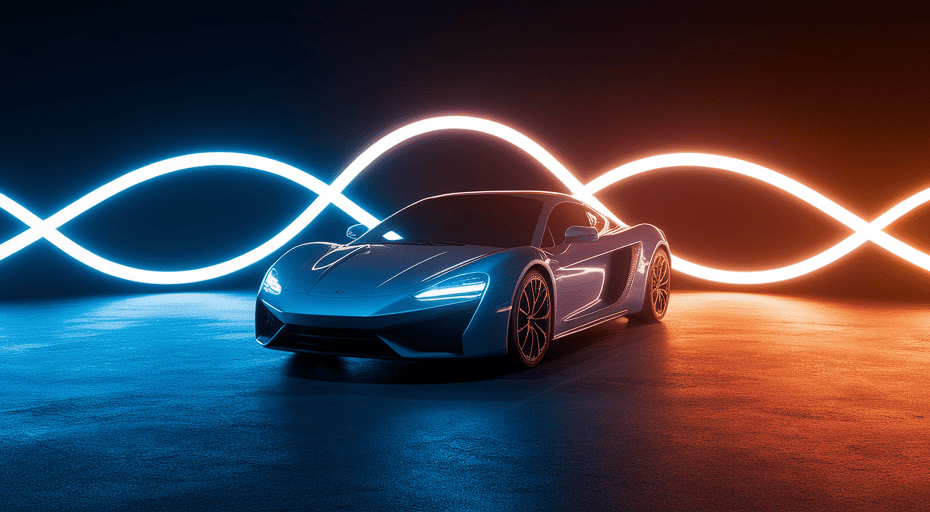 Abstract light trails around hybrid sports car.
