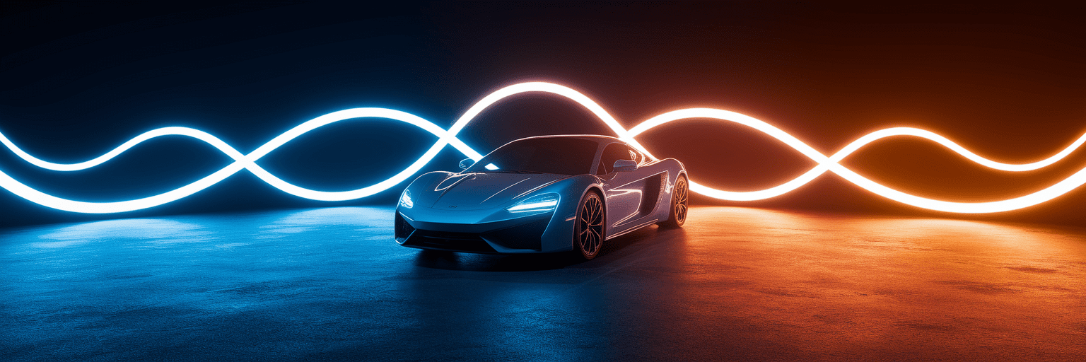 Abstract light trails around hybrid sports car.