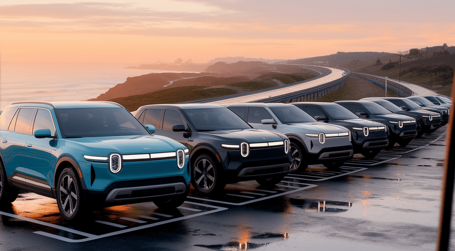 Row of electric SUVs at scenic coastal charging station.