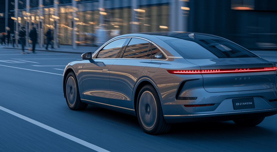 Modern hybrid car driving in city.