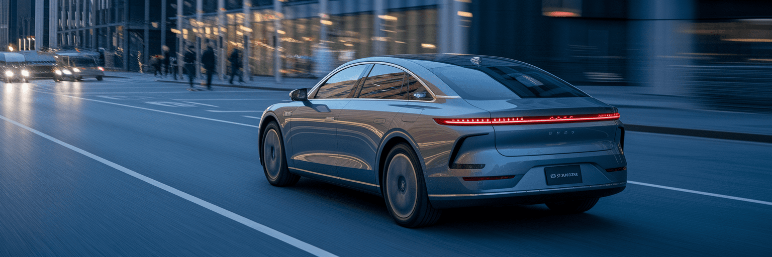 Modern hybrid car driving in city.