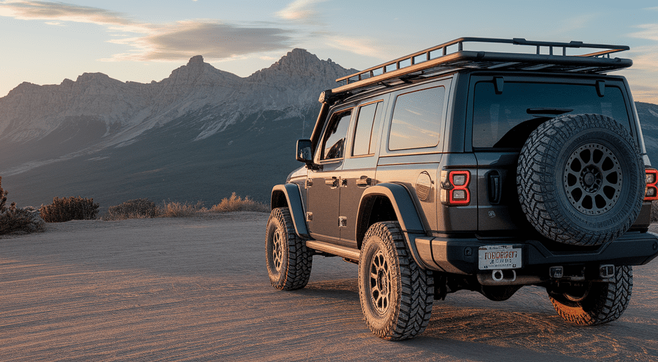 Prepared off-road vehicle on mountain trail.