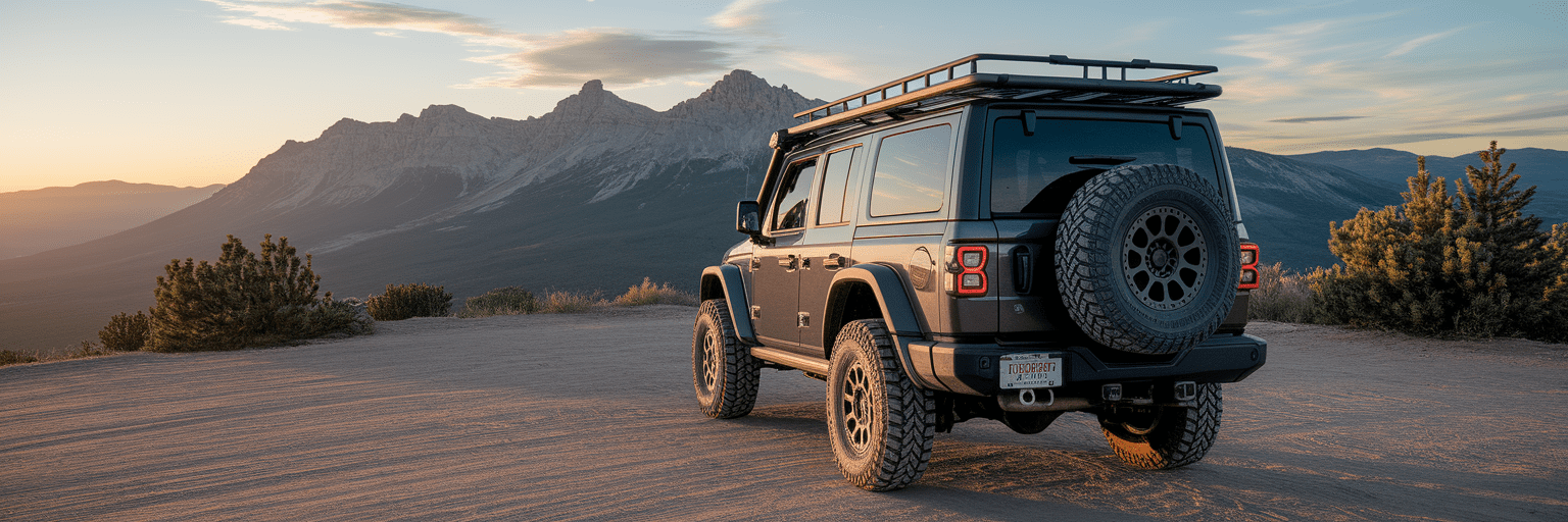 Prepared off-road vehicle on mountain trail.