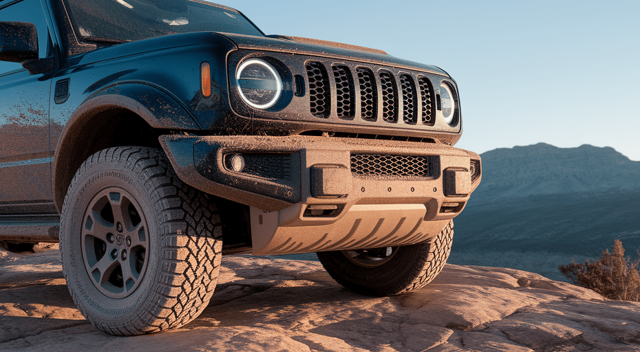 Rugged off-road vehicle on rocky mountain pass.