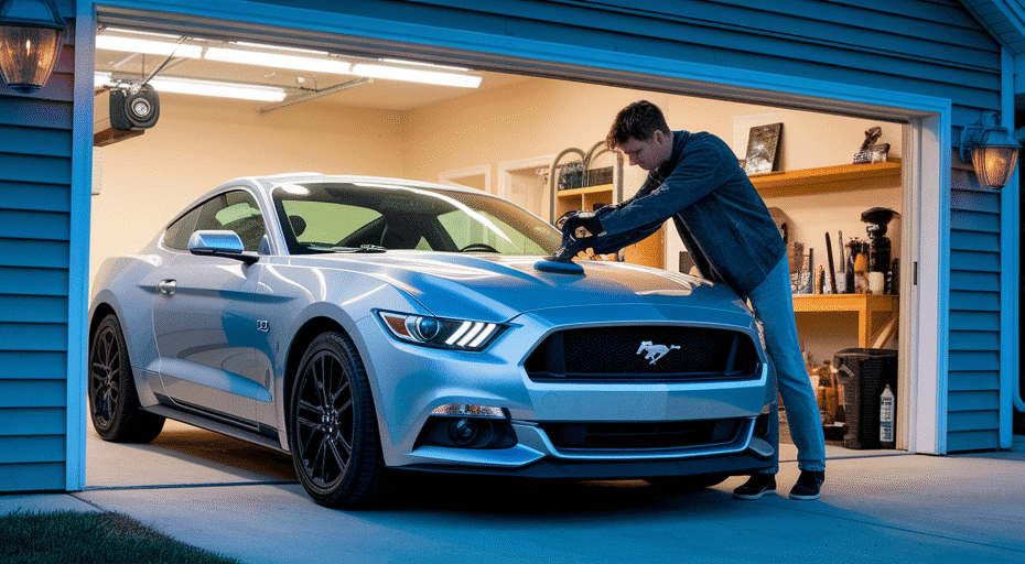 Person polishing silver Ford Mustang in garage.