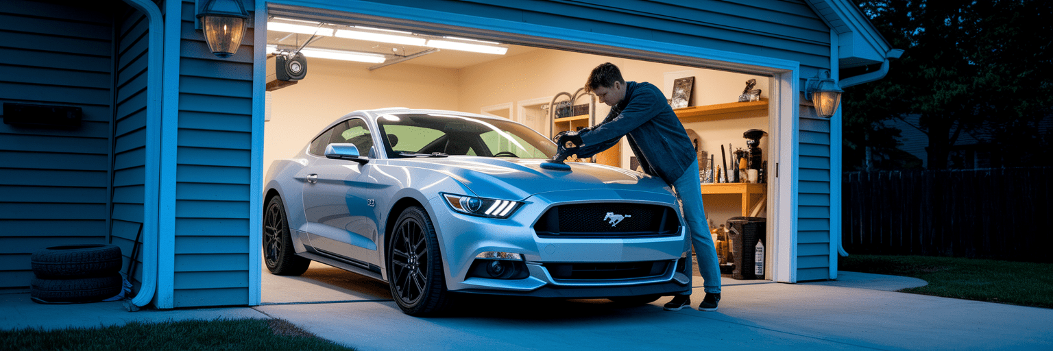 Person polishing silver Ford Mustang in garage.