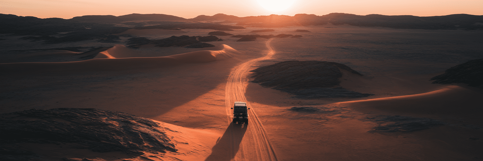 Lone 4x4 vehicle on desert trail at sunset