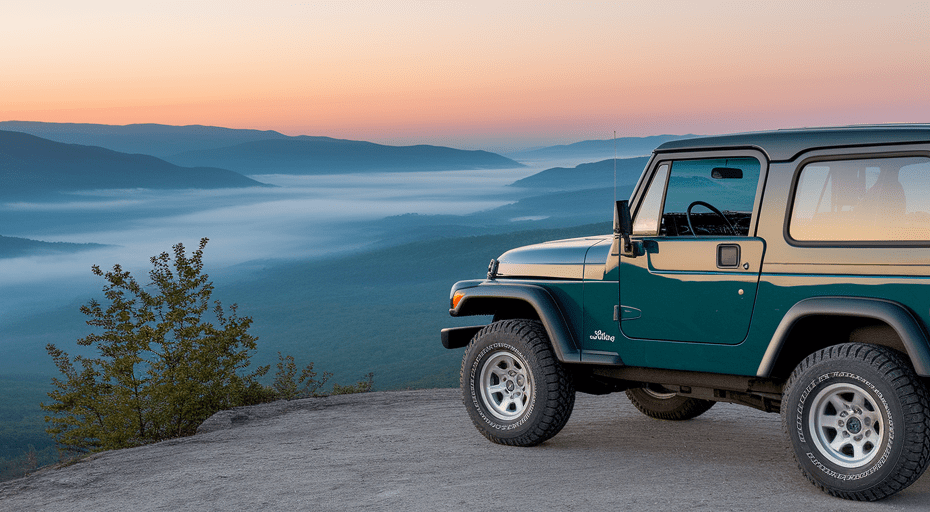 Off-road SUV overlooking mountain valley at sunrise.