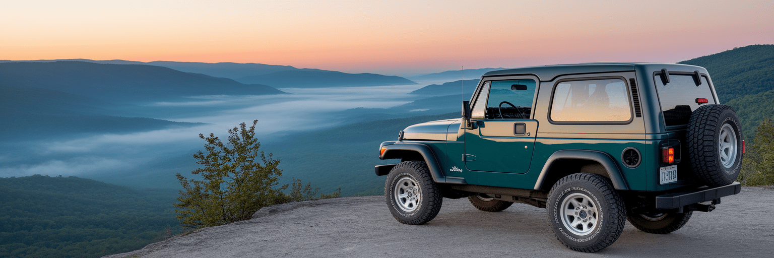 Off-road SUV overlooking mountain valley at sunrise.