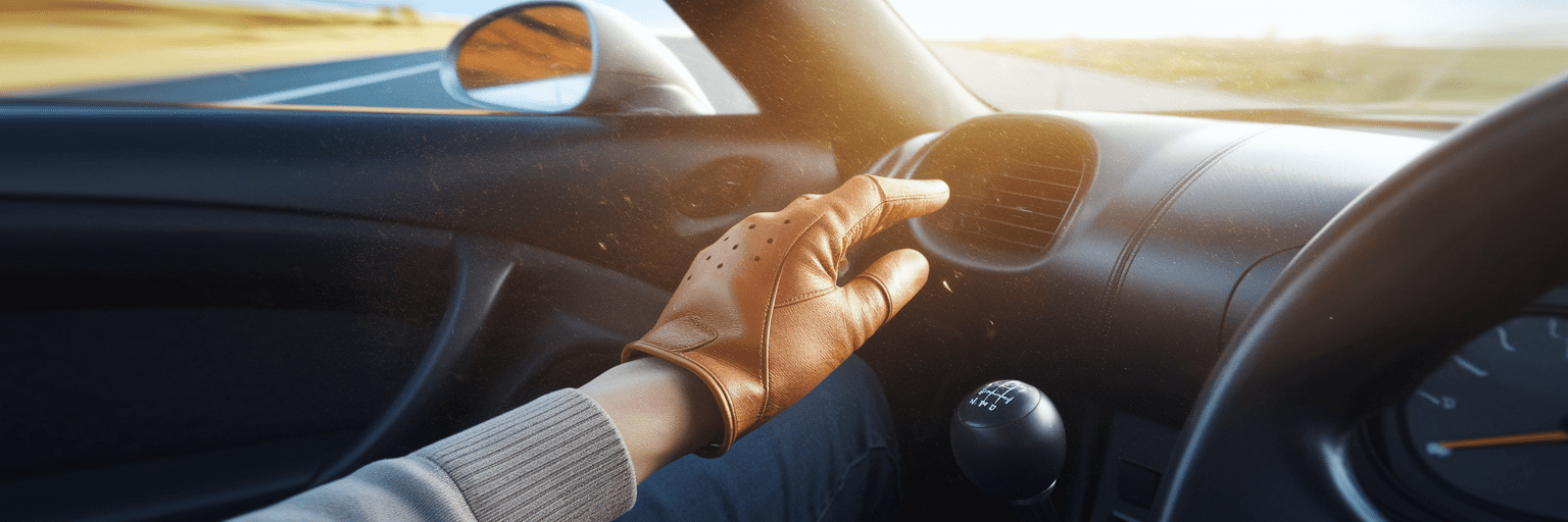 Hand on manual gear shifter in sports car.