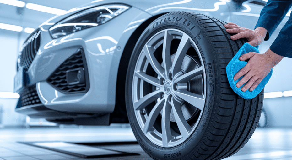 Technician cleaning a new car tire