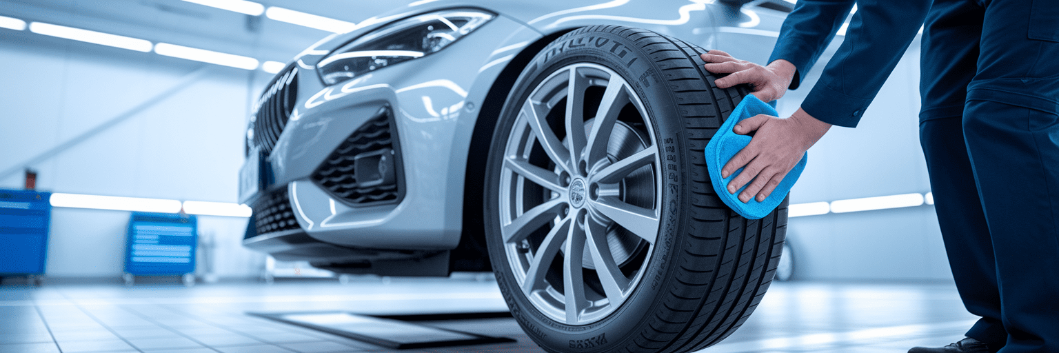 Technician cleaning a new car tire