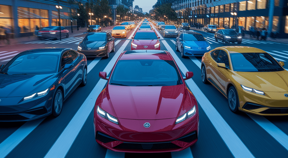 Colorful compact cars driving through city at dusk.