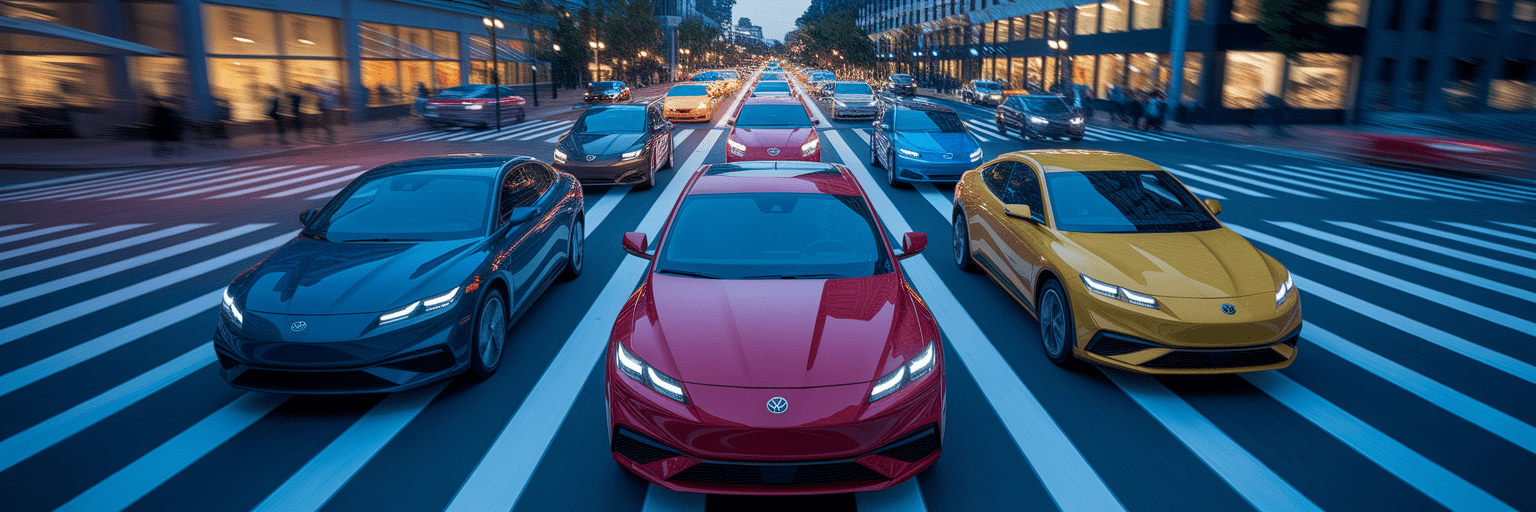 Colorful compact cars driving through city at dusk.