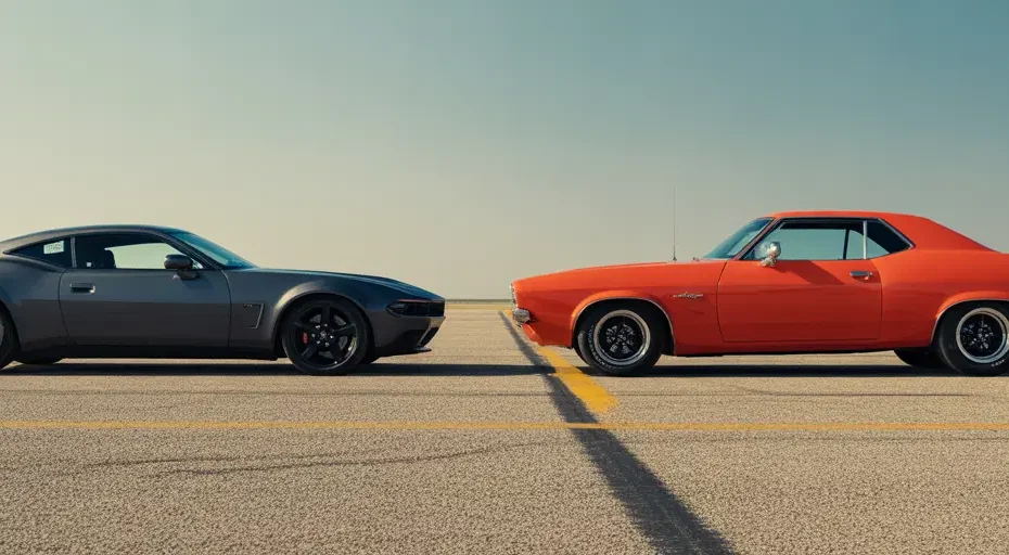 A Dodge Challenger facing a Ford Mustang