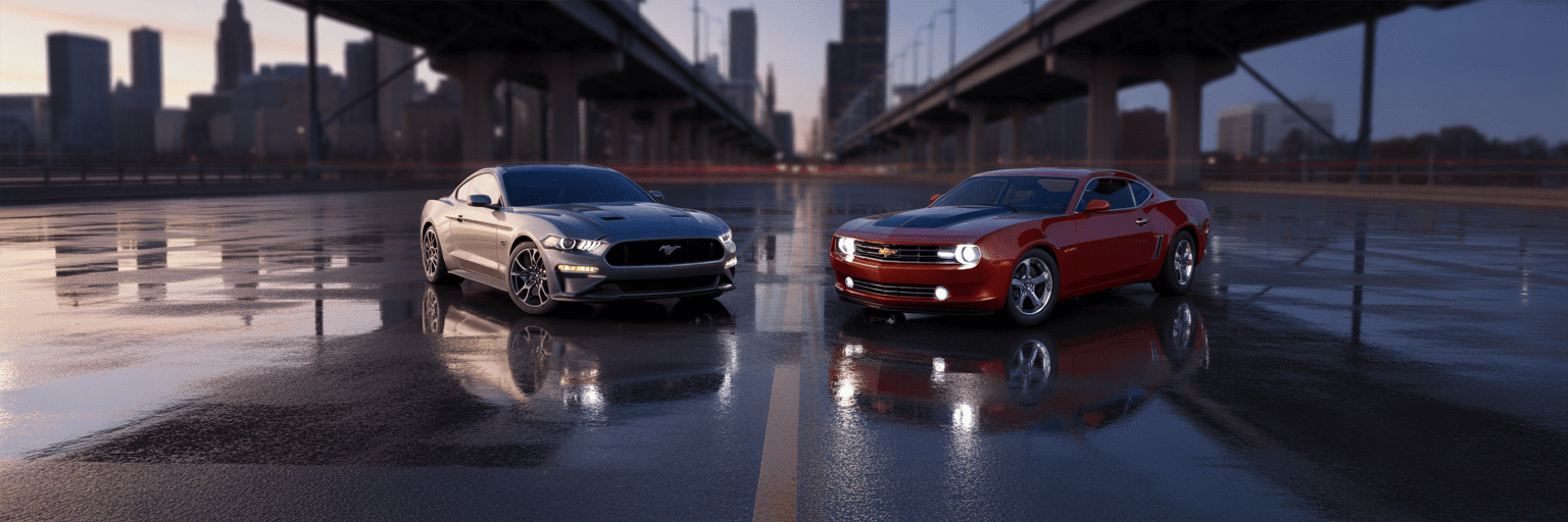 Ford Mustang and Chevrolet Camaro face-off at dusk.