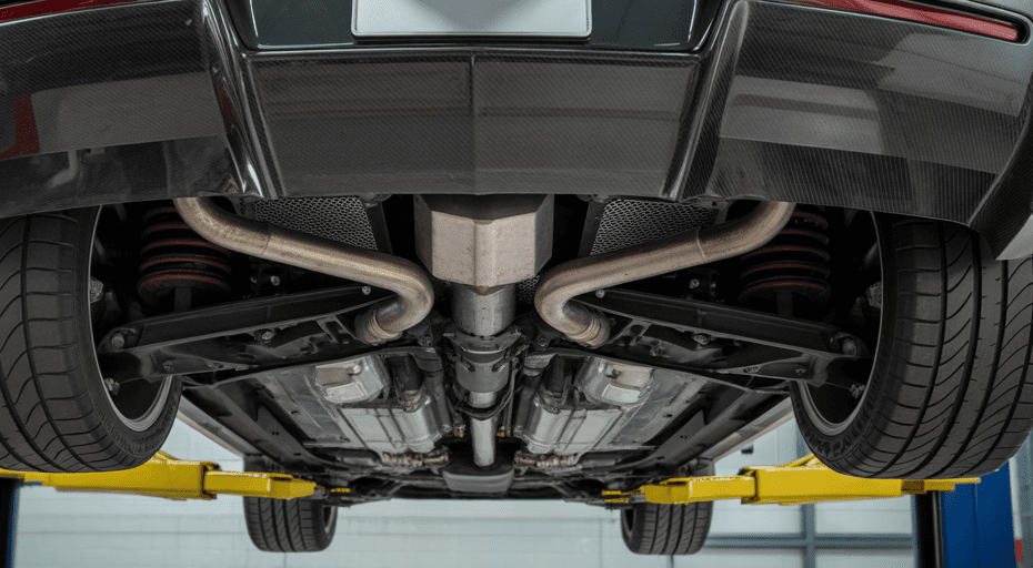 Chevrolet Corvette on a service lift.