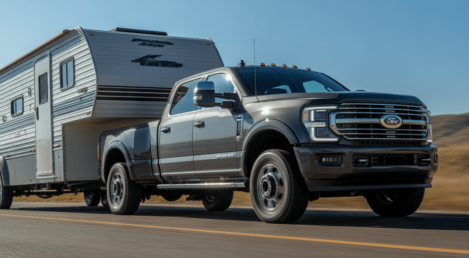 Modern diesel truck towing large trailer.